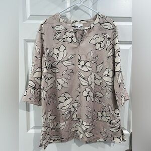 J Jill Muted Floral Tunic Top Sz M Feminine Pink V Neck Cottage Grandma Coastal